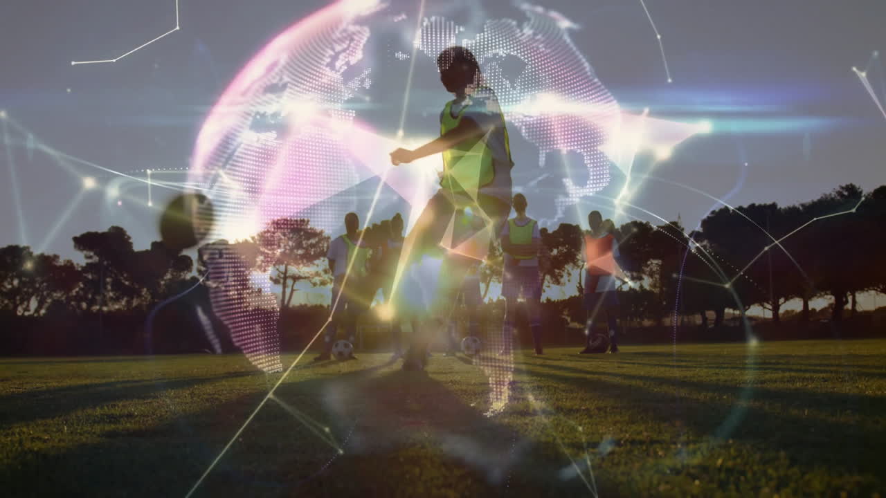 Soccer players practicing on field with digital network animation overlay