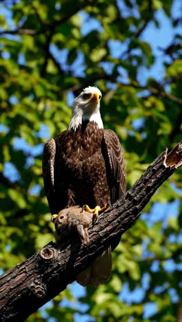 bald eagle with prey on branch
