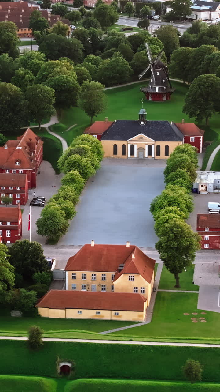 Aerial drone view of the Citadel and the city centre of Copenhagen, Denmark. Vertical