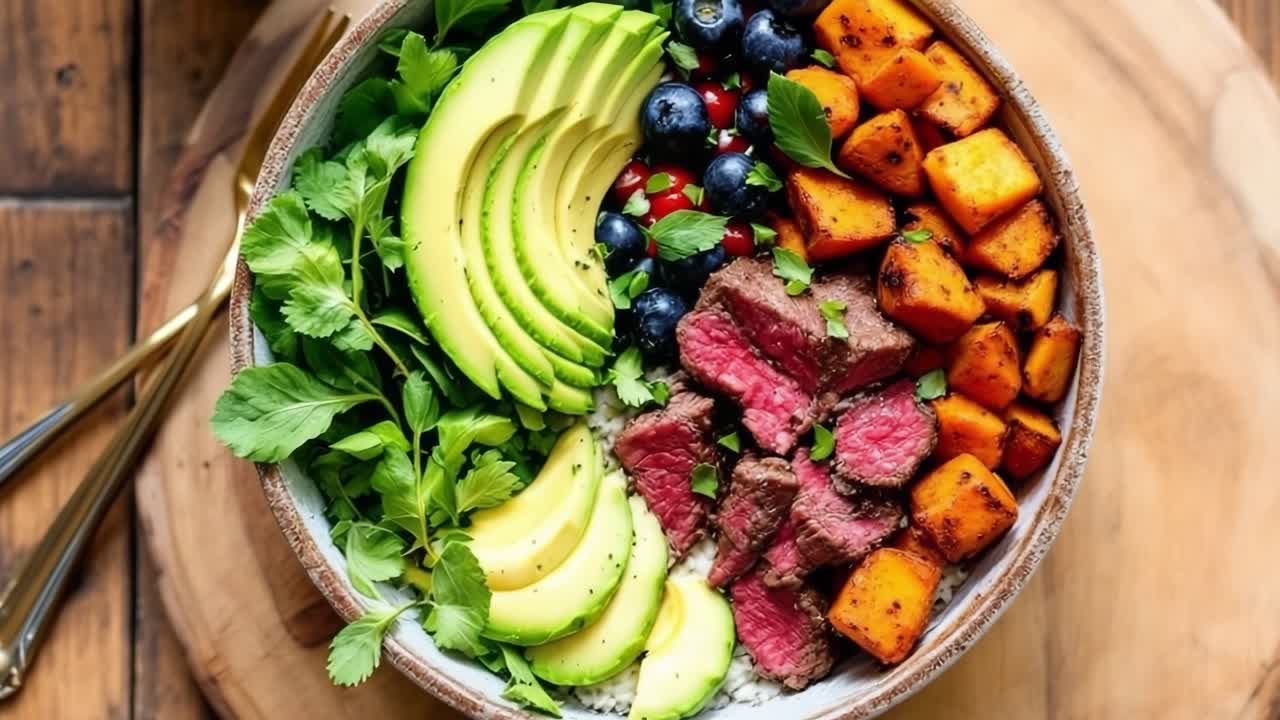 Delicious and colorful power bowl with steak, avocado, butternut squash, berries and rice, promoting a healthy lifestyle