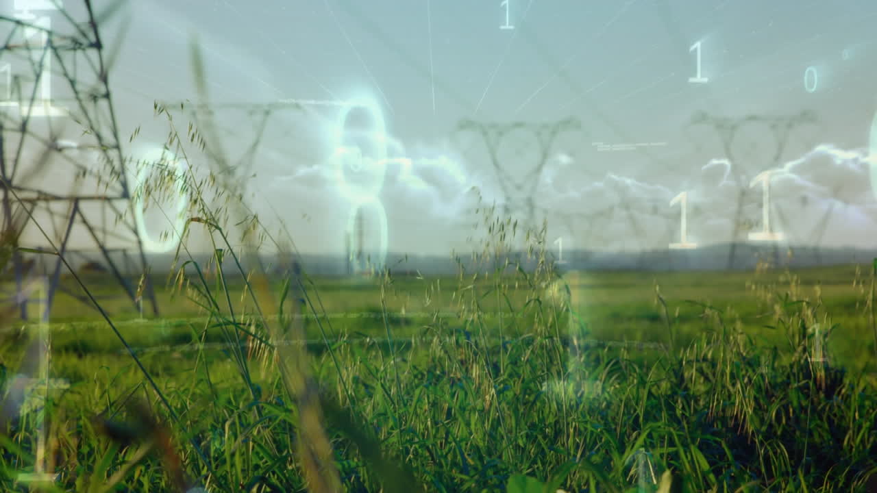 анимация обработки данных и двоичного кодирования над ландшафтом с электрическими столбами