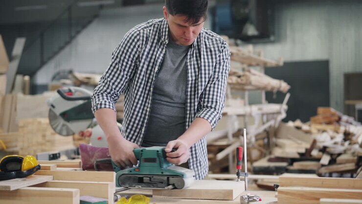 Man Sanding Wood in a Workshop