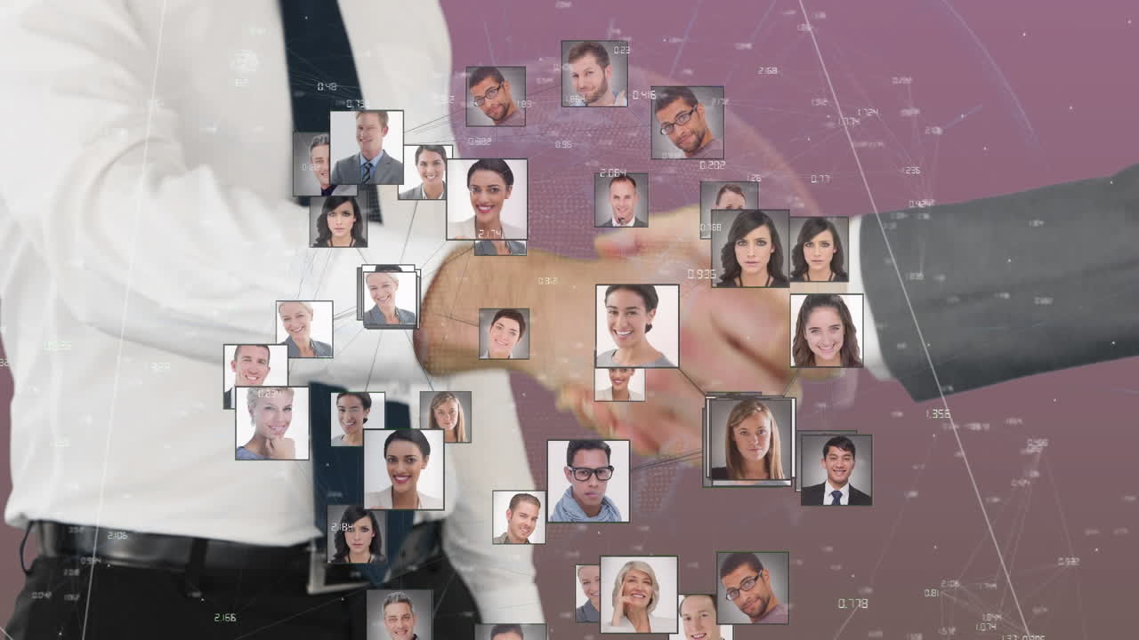 animación de retratos de diversas personas sobre el apretón de manos de negocios
