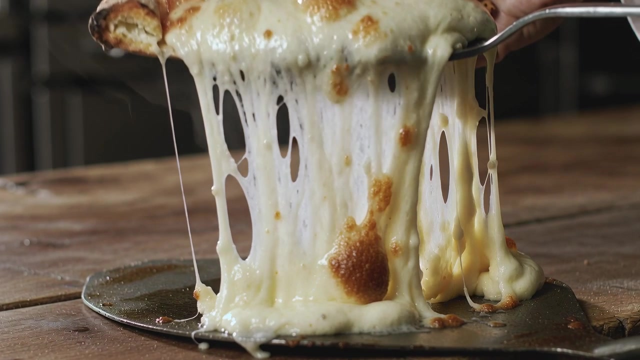 Far scorrere la spatola sotto la pizza, uno chef in camice bianco solleva una fetta sul tavolo di preparazione, tirando il formaggio per servire