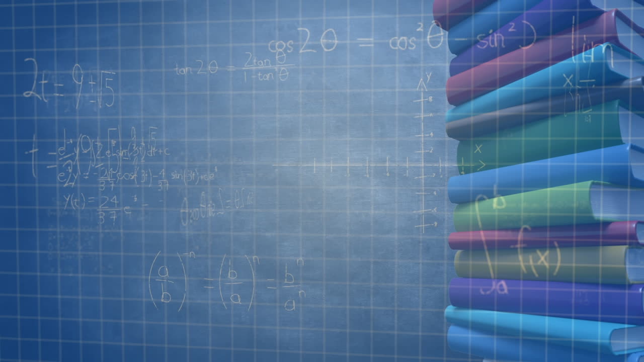 Animasi persamaan matematika di atas tumpukan buku.