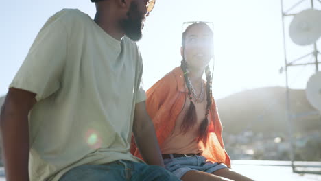 Summer,-couple-and-rooftop-date-with-happy