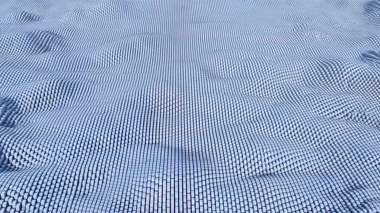 High angle frontal view of dense uniform block field arranged in exact grid, showing smooth hills, shallow dips, ridges, dark shadows, cool blue gray surface, minimal futuristic depth