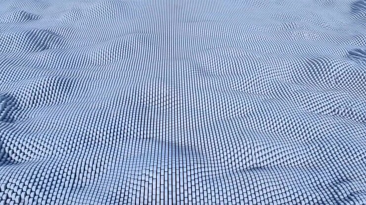 High angle frontal view of dense uniform block field arranged in exact grid, showing smooth hills, shallow dips, ridges, dark shadows, cool blue gray surface, minimal futuristic depth