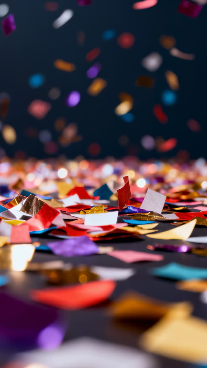 Video verticale: Coriandoli colorati che cadono su un tavolo scuro, con effetti bokeh.