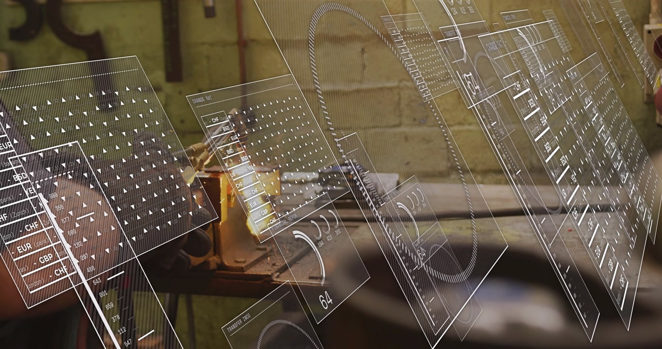 Metal fabricator clamping brass workpiece, igniting torch while animated readouts guiding heating