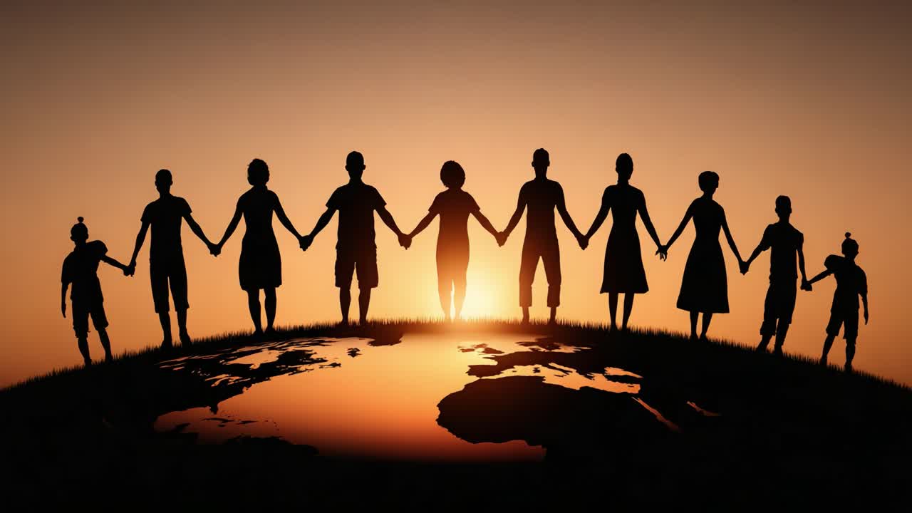 Silhouettes of Diverse Individuals Holding Hands Against a Vibrant Sunset, Unified on a Globe Representing Harmony and Global Togetherness