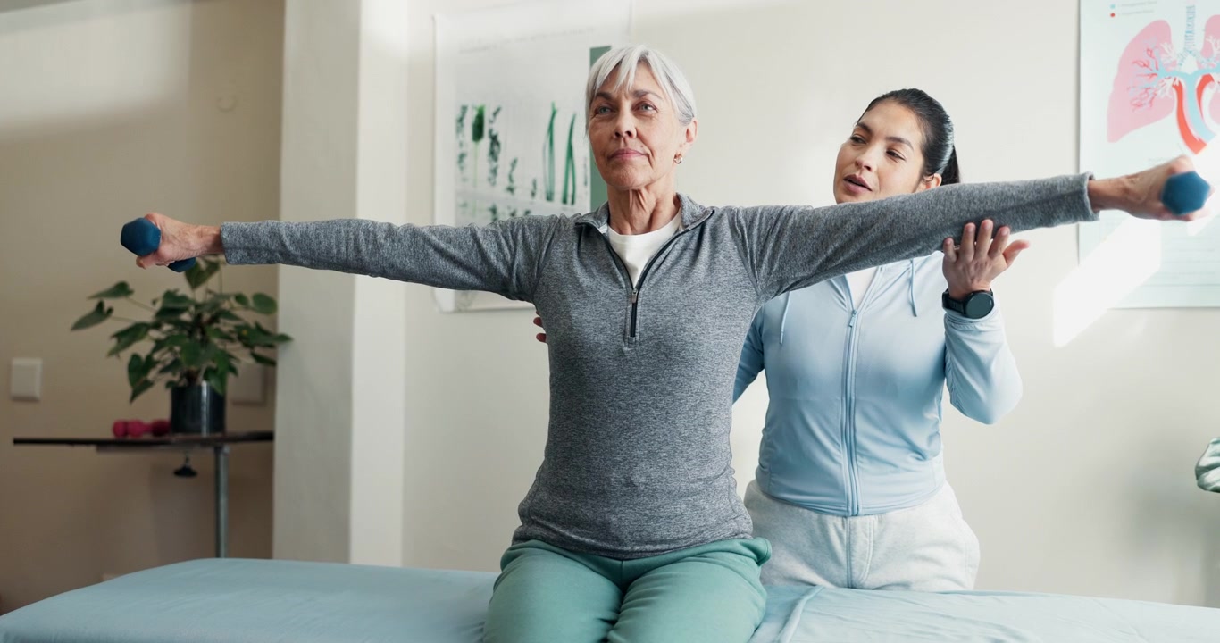 Physical Therapist Assisting Senior Woman with Arm Exercises