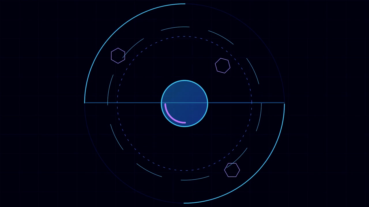 Abstract Digital Interface with Rotating Circular Elements and Glowing Sphere