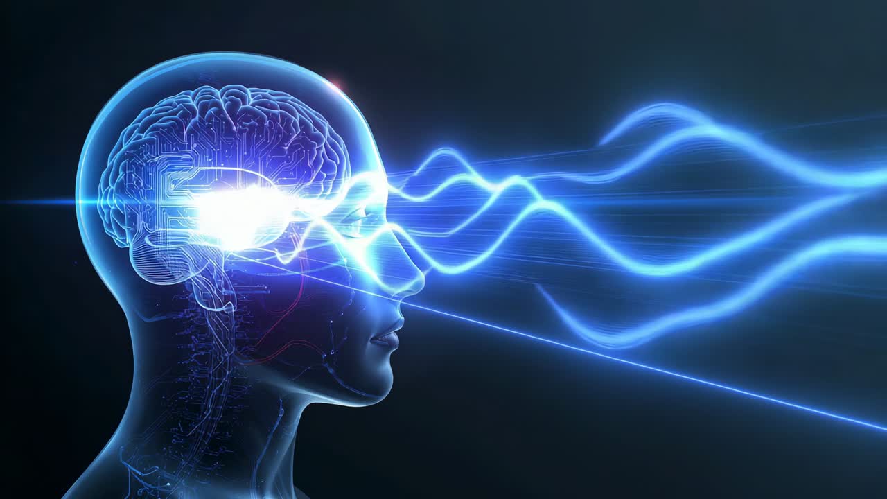 Emitting beam from head silhouette in digital void, with glowing brain, blue waveforms, copy space