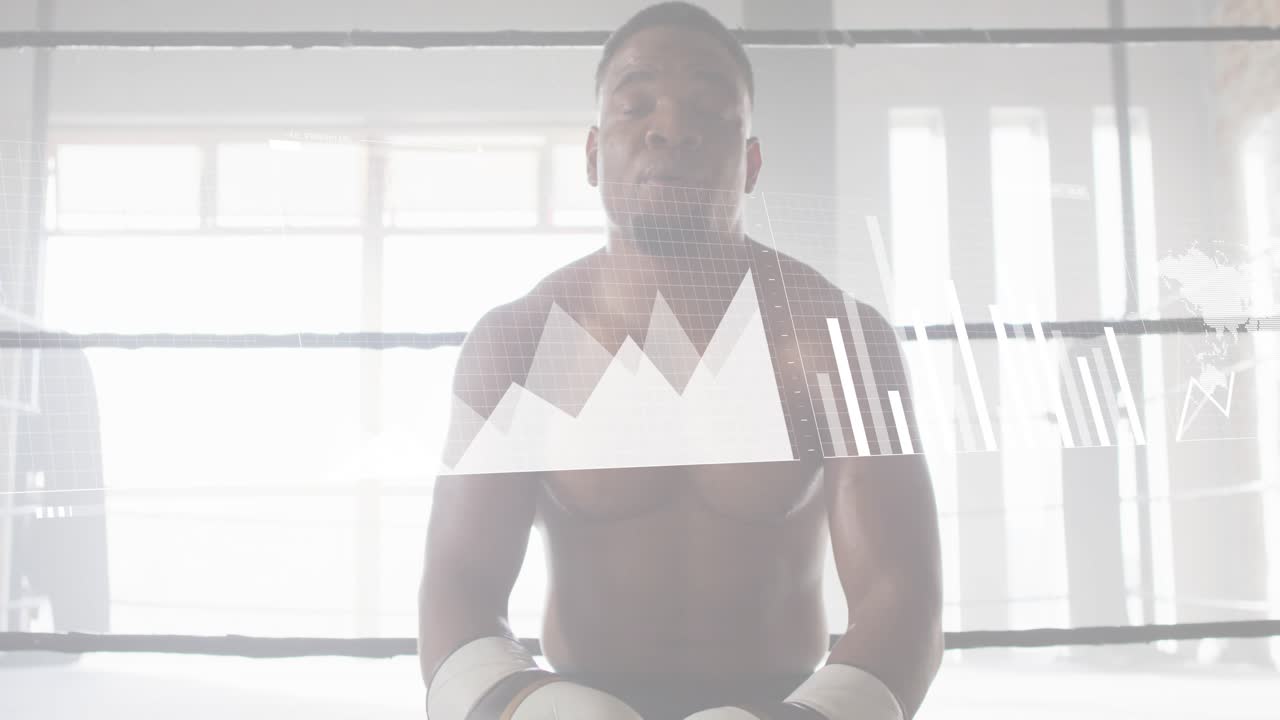 Seated boxer pressing glove to forehead in ring, generating sports analytics charts over world map