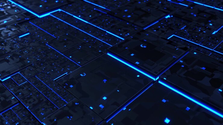 Sfondo futuristico blu scuro di scheda di circuito digitale ad alta tecnologia