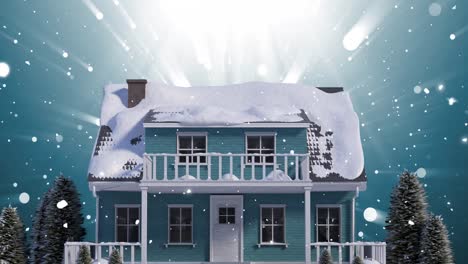 animation of christmas house and snow falling in winter scenery
