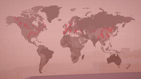 Animación-Del-Mapa-Mundial-Sobre-La-Red-Cuadriculada-Contra-La-Vista-Aérea-Del-Paisaje-Urbano