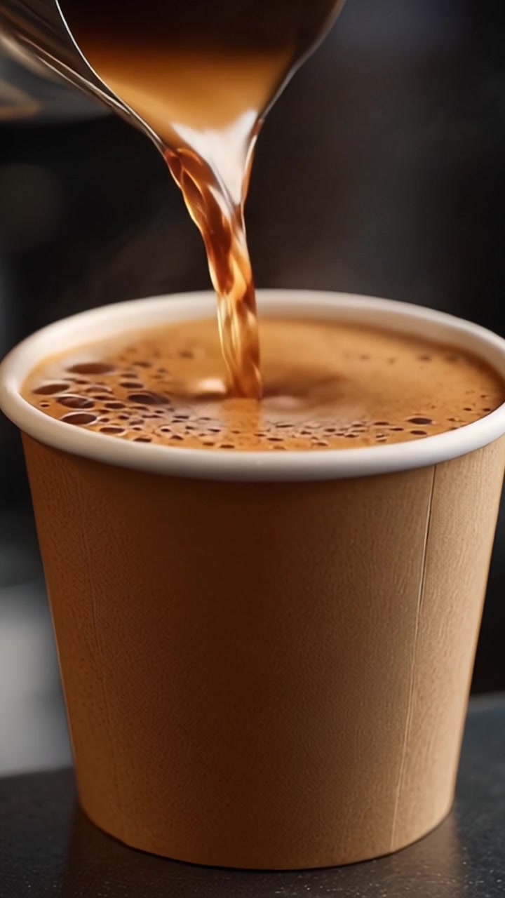 Caffè appena preparato versato in una tazza di carta marrone, catturando i colori ricchi e l'aroma di una bevanda mattutina perfetta, evocando calore e comfort.