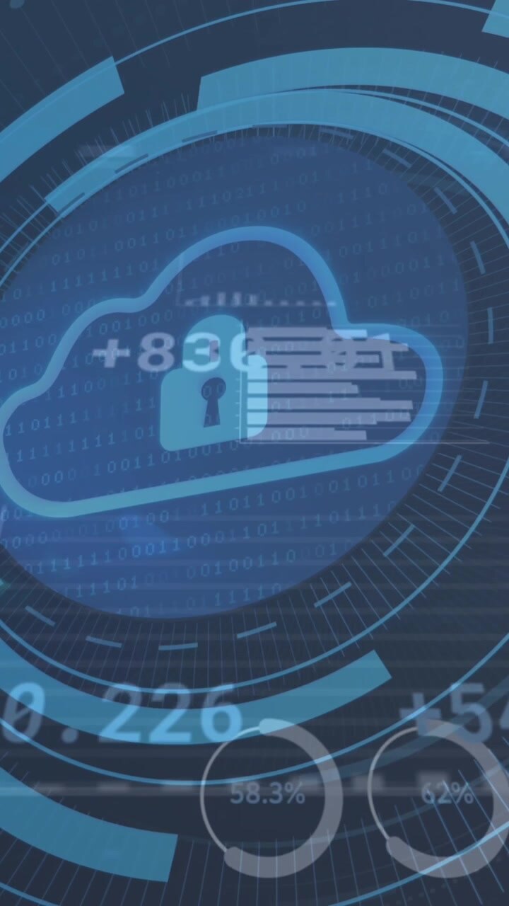 Animation of cloud icon and security padlock icon over statistical and stock market data processing