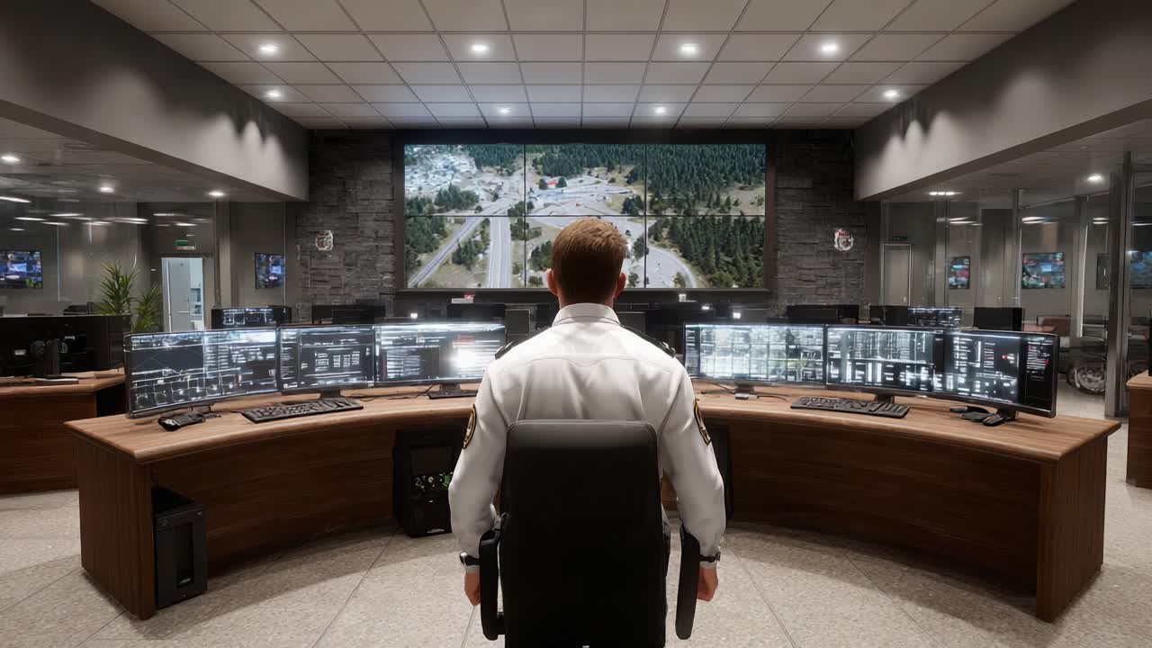 Sala de control de vigilancia: Un operador concentrado monitoreando sistemas de seguridad en un entorno de alta tecnología con múltiples pantallas mostrando transmisiones en vivo