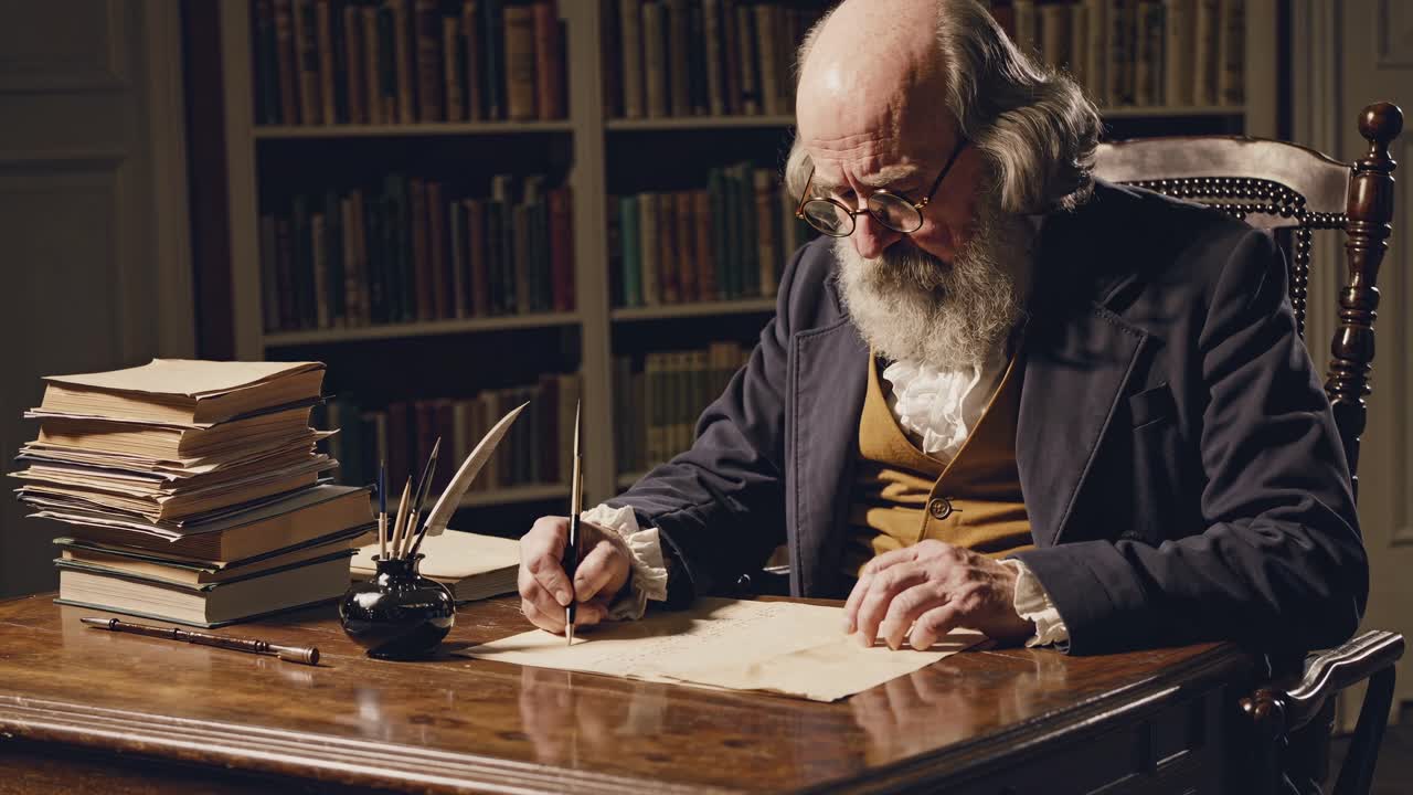 Una escena de video de estilo vintage de un hombre mayor escribiendo en un escritorio de madera, capturada desde un ángulo lateral.