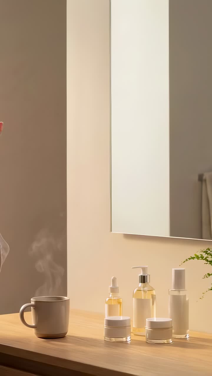 Vidéo verticale : vapeur s’élevant d’une tasse chaude, dérivant, s’amincissant sur une coiffeuse de salle de bain, compte-gouttes à côté