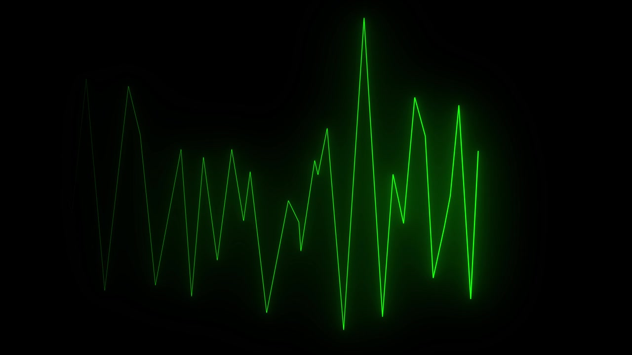 A green line graph showing a chaotic heartbeat or audio waveform. For medical, music, or data visualization concepts. Seamless loop