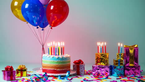 colorful birthday celebration with cake, candles, balloons, and gifts