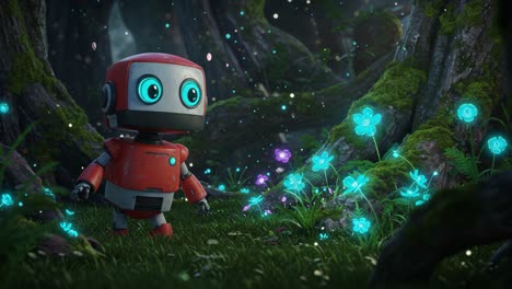 a curious robot explores a mystical forest filled with glowing flowers, embarking on a journey of discovery and wonder in a beautifully animated environment