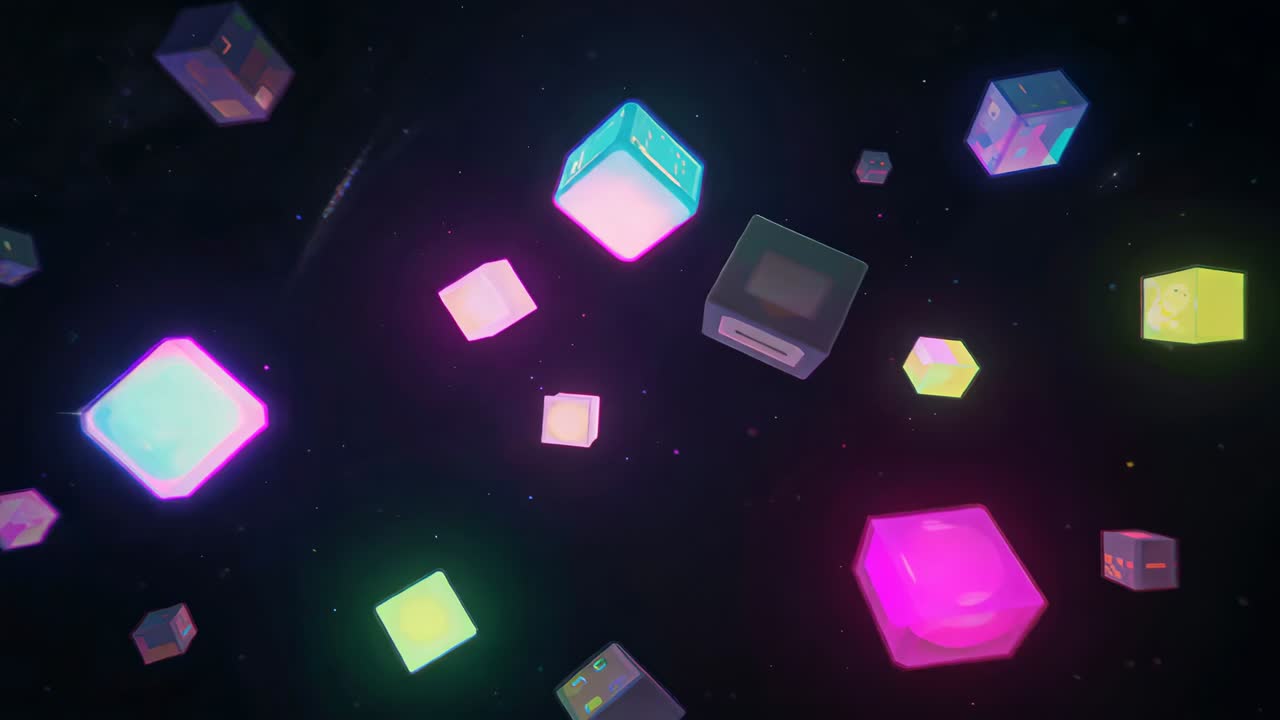Drifting cube cluster rotating as camera panning, evoking travel through starfield with neon panels