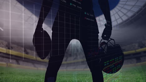 animación de gráficos y procesamiento de datos sobre la sección media del jugador de fútbol americano en el estadio deportivo