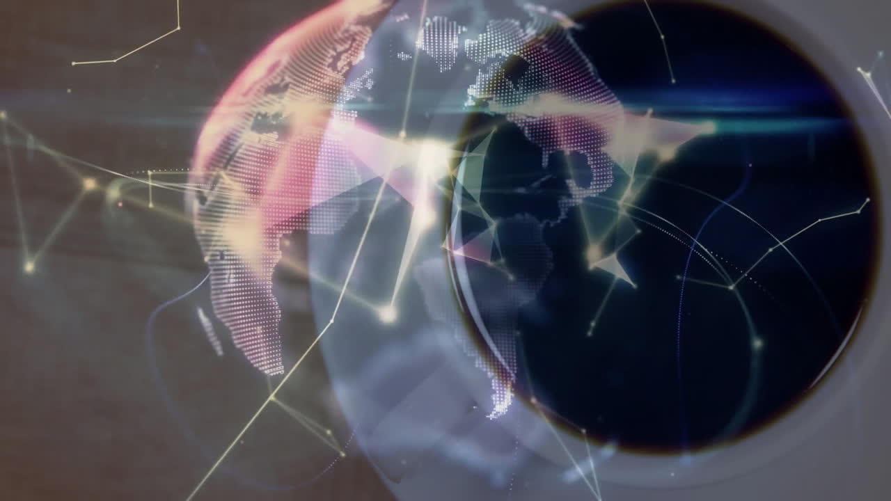 White ceramic coffee cup being overlaid by spinning flat design digital globe on wooden tabletop