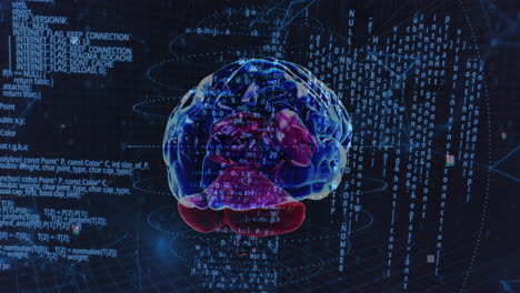Animation of scientific data processing over human brain on dark background