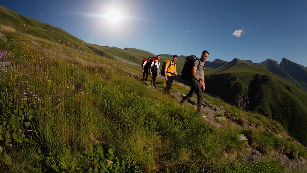 Group of hikers ascending a scenic mountain trail