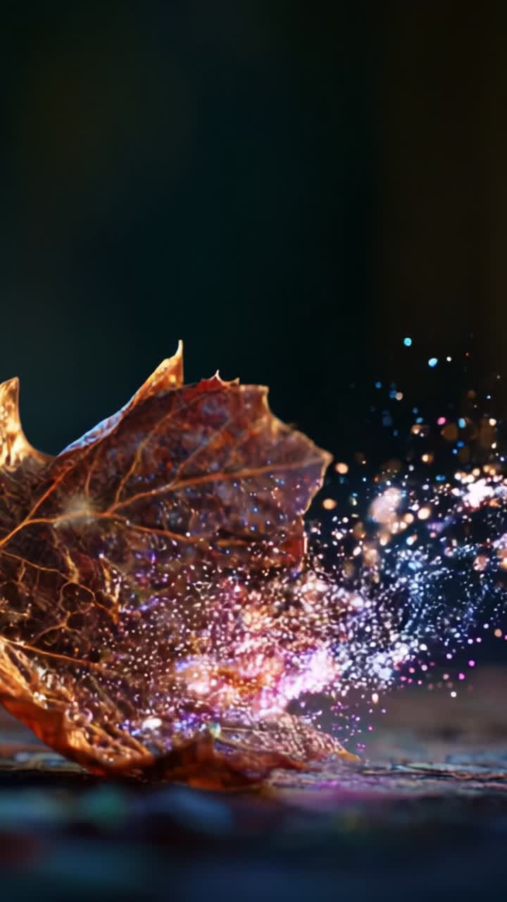 A close-up view of a leaf capturing magical particles, showcasing vibrant light effects and intricate textures against a blurred background, highlighting nature's beauty