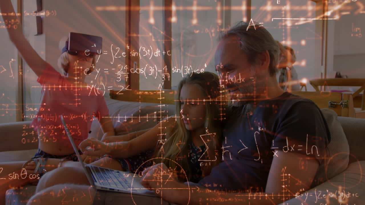 animation von mathematischen zeichnungen und gleichungen über familie mit vr-headset