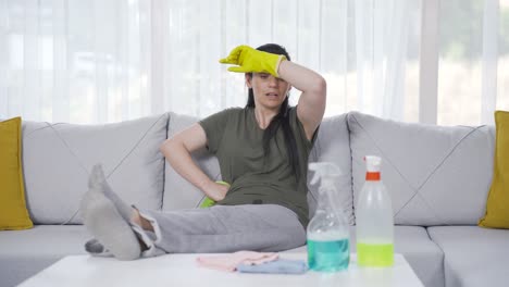 woman with fatigue after cleaning.