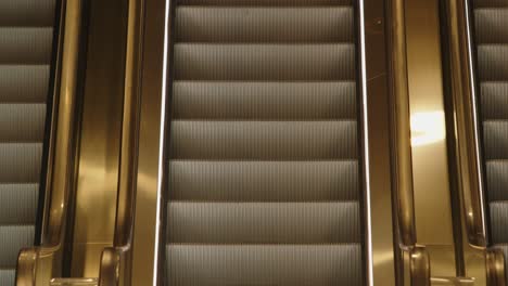 empty escalator in motion, gold and silver lighting, fixed static shot