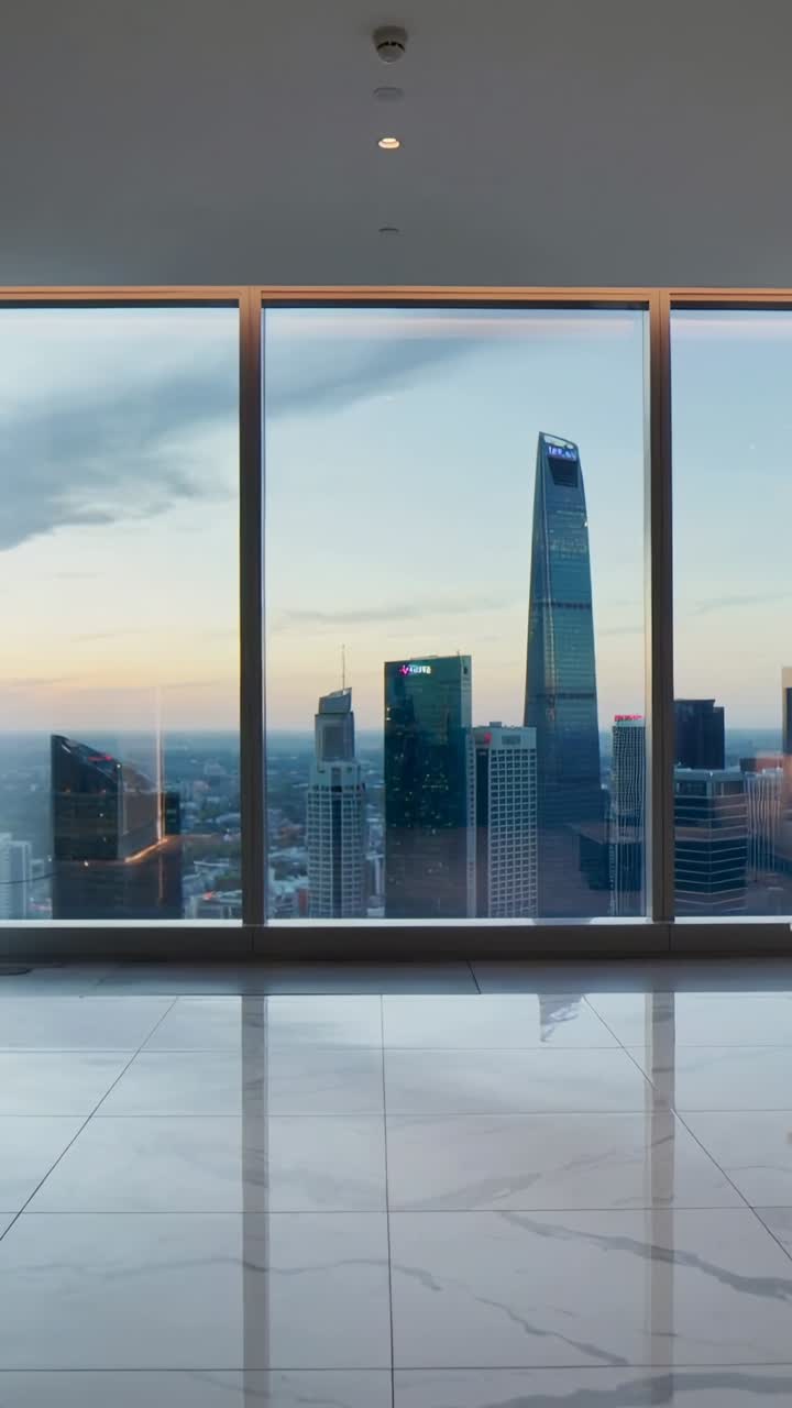 Video vertical: Pared de cristal mostrando la luz del atardecer que provoca destellos del horizonte en el suelo de mármol, útil para bienes raíces.