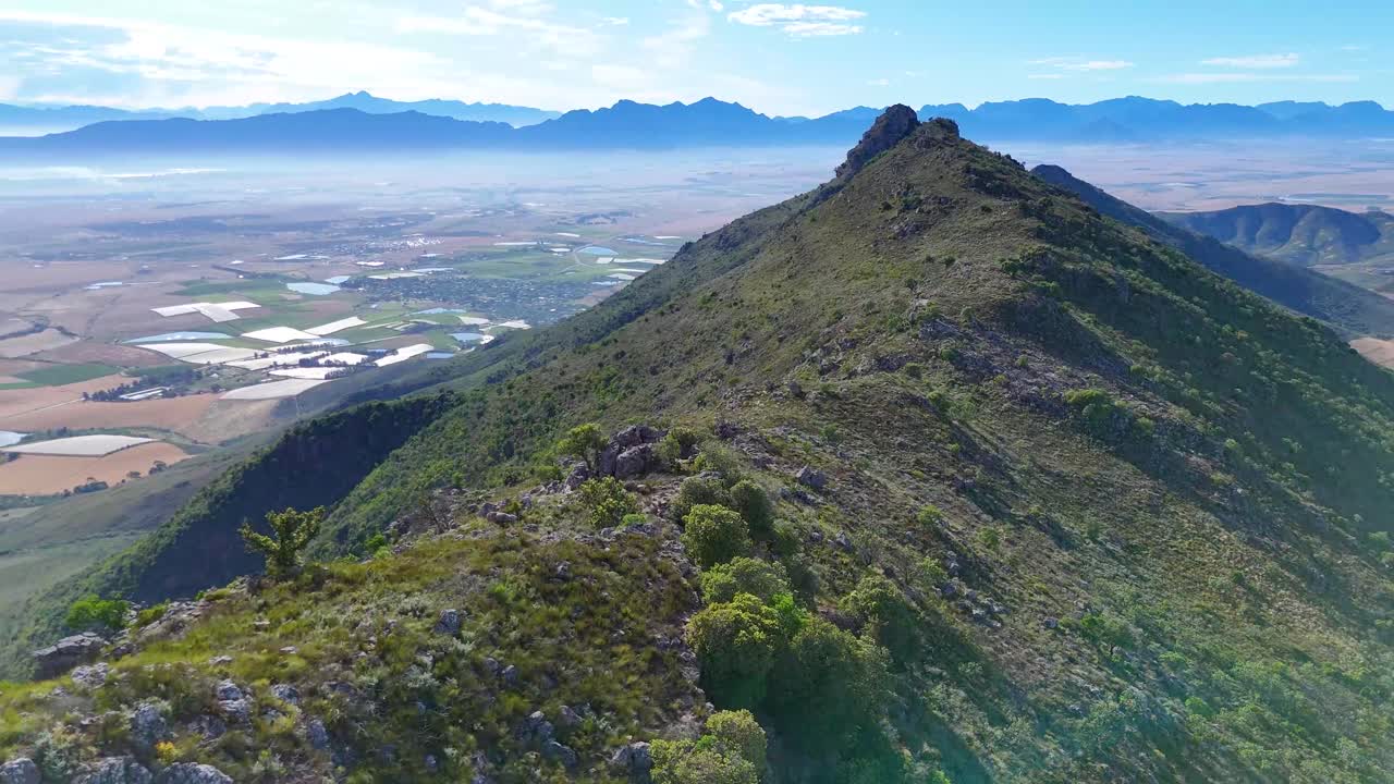 A visual melody of green rows, mountain grandeur, and soft, floating clouds