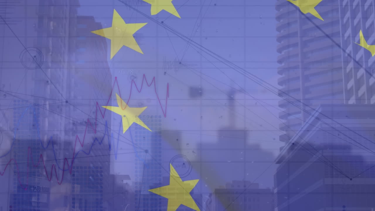 eu 발과 주식 시장 데이터 처리를 낮은 각도에서 높은 건물을 볼 수 있는 애니메이션