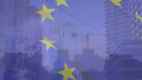 animation of waving eu flag and stock market data processing over low angle view of tall buildings