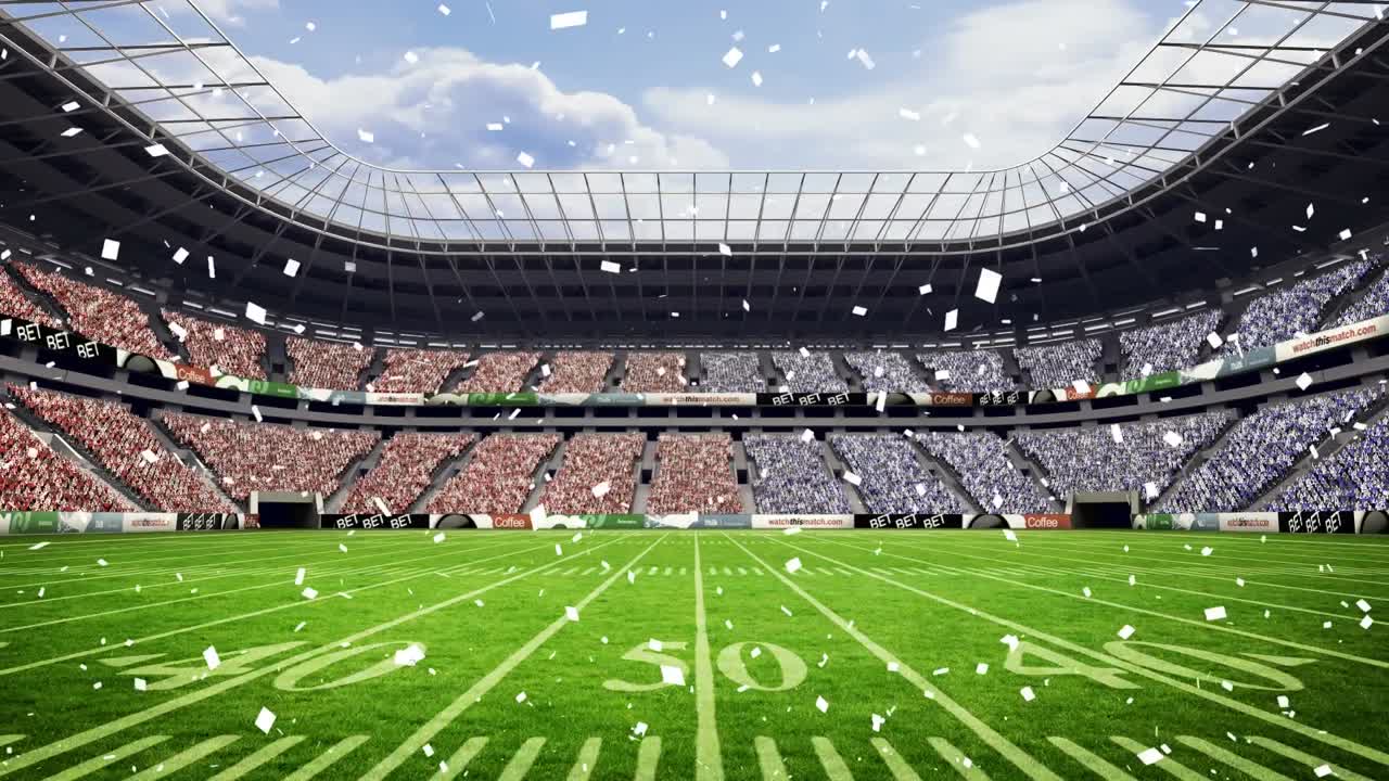 animación de confeti cayendo sobre el estadio deportivo