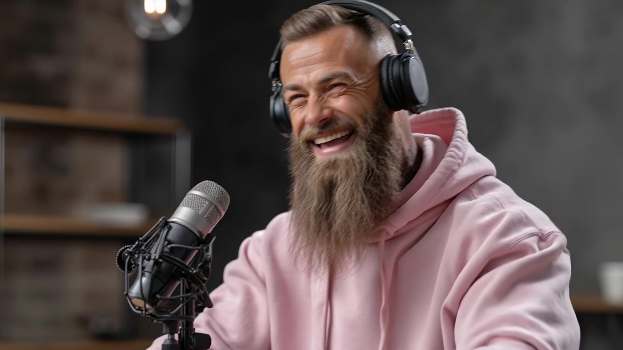 Enthusiastic bearded man wearing headphones speaking into a microphone during a podcast recording
