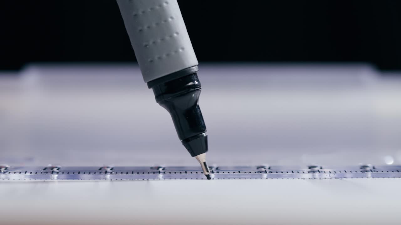 Close-up of a pen drawing a line with a ruler