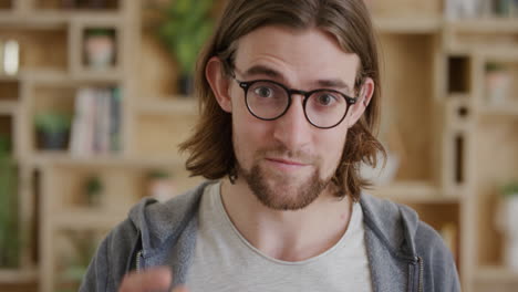 close-up-porträt eines niedlichen jungen mannes, der eine brille anlegt. ein schüler-geek schaut in die kamera in zeitlupe.