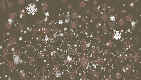 animation of snow falling over snowflakes on green background at christmas