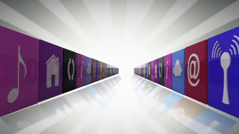 animación de filas de iconos digitales que vuelan sobre rayas sobre fondo gris
