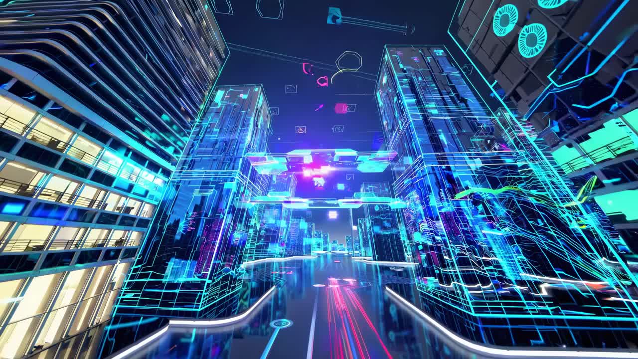 Futuristic cityscape with neon lights and digital overlays, captured from a high-angle
